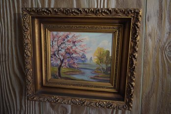 Oil On Board 'Park' Scenery In A Gilded Style Wood Frame, 15.5x13 Inches