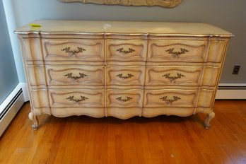 Vintage French Provincial Cream Nine Drawer Dresser On Cabriole Legs With Brass Pulls