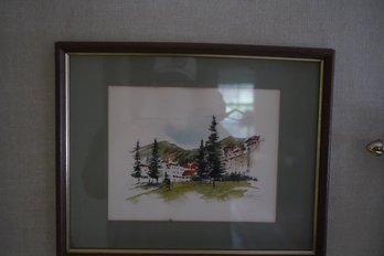 Water Color Village Scenery Signed Art, 15x11.5 Inches