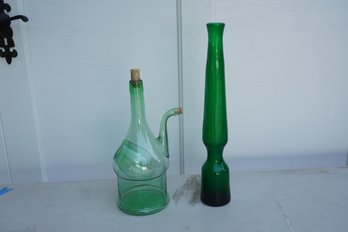 Green Glass Narrow Vase And Wine Decanter