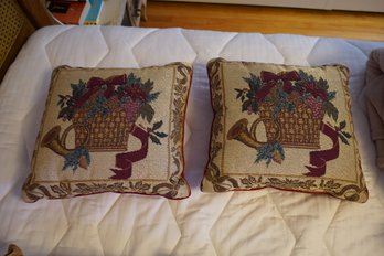 Pair Of Festive Holiday Throw Pillows With Basket Of Poinsettia Motif