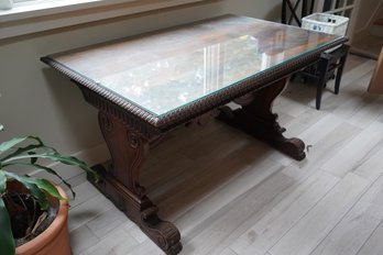 Antique Hand Made  Solid Wood Dinner Table With Glass Top