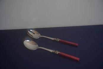 Inox Italian Made Serving Spoon & Fork With Beautiful Red Pearl-like Handles