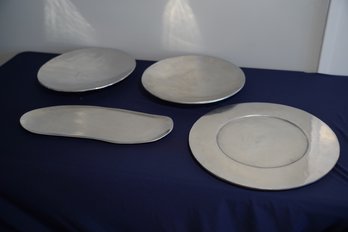 Four Metal / Pewter Servers Including Unique Kidney Shaped Tray