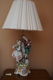 Antique Italian Porcelain Capodimonte Style Figural Table Lamp Depicting A Couple In A Flirtation Pose