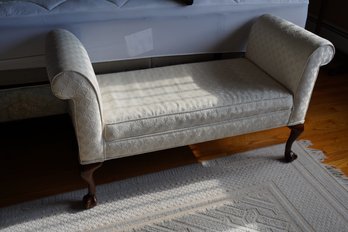 Lovely Vintage Wooden White Upholstered Queen Anne Style Bench On Claw And Ball Feet