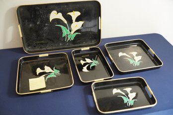 Lot Of 5 Black Plastic Serving Trays With Lily Design