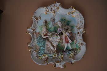 Large Italian Rococo Style Decorative Ceramic Plaque Depicting 18th C. Figures In Relief
