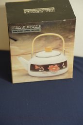 Vintage Porcelain Enamel On Steel Tea Kettle With Floral Design In Box