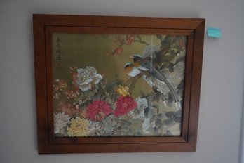 Asian Style Bird And Floral Silk Art 24x20 Inches