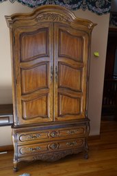 Thomasville Wooden Armoire With Two Lower Drawers - Double Doors Open To Shelves And Additional Drawers