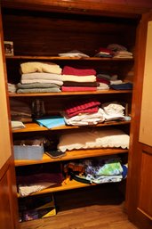 Five Shelves Of Linens / Household Items Including Towels & A Pillow