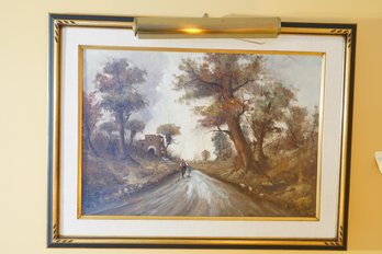 Signed Landscape Painting Depicting A Father & Child On A Path Expressed In Muted Browns, Greens & Golds