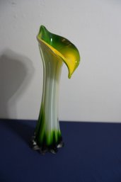 Blown Art Glass Green/yellow Calla Lily Ribbed Vase