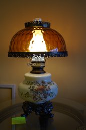Vintage Glass Hurricane Lamp With Delicate Floral Motif And Amber Glass Shade