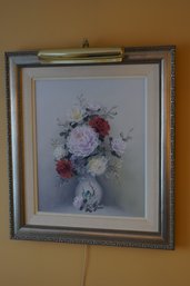 Lovely Framed Oil On Canvas Still Life Of Bright Flowers In Vase Against Background Of Muted Colors