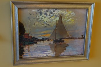 Lovely Framed Print Of Claude Monet's 'Le Petit-Gennevilliers' Depicting A Sailboat Against A Beautiful Sky