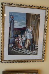 Framed Needlepoint Wall Art Depicting A Mother With Two Children