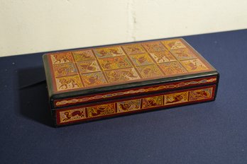 Eastern Influence Wooden Sectioned Jewelry Box With Fauna Motif In Brick Red & Gold Hues