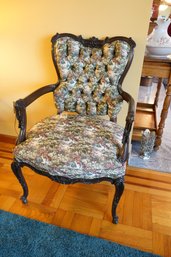 Victorian Style Floral Brocade Upholstered Arm Chair With Elaborate Carving And Tufted Back