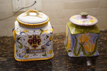 Lot Of 2 Hand-painted Made In Italy  Biscotti/ Flower Canister