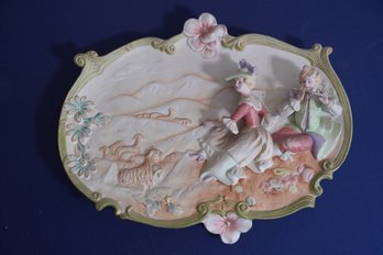 Andre Porcelain Hand Painted Plaque Shepard & Woman With Sheep Design