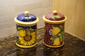 Set Of 2 Italian Ceramic Set Jars Canisters