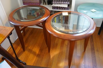 Pair Of Modern Round Polished Wooden End Tables With Glass Tops