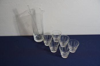 Vintage Martini Pitcher Set With Glass Stir & 6 Shot Glasses