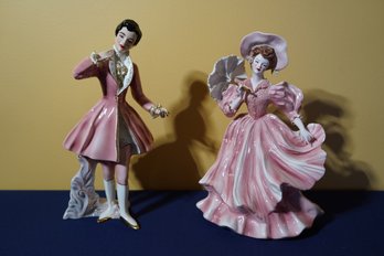 Florence Ceramics Figurines Of A Lady & Gentleman In 18th Or 19th C. Pink Dress