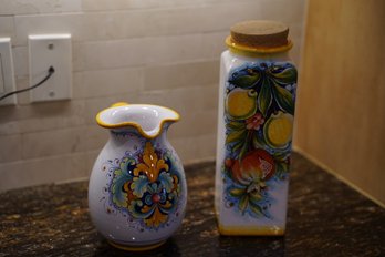 Italian Ceramic Hand Painted Jar And Pitcher