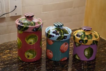 Droll Designs Hand Painted Black Berry Pottery Canisters