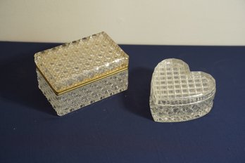 Pair Of Glass Trinket Boxes, Rectangle/heart Shaped