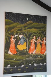 Pretty Vintage Large Indian Painting On Fabric