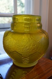 Beautiful Gold Colored Glass Vase With Geometric Design In Relief