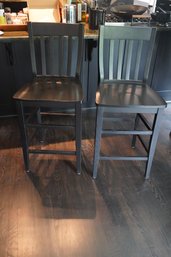 Set Of 2 Dark Wood High Back Stools