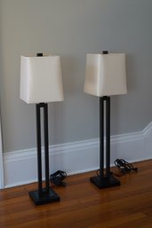 Pair Of Modern Dark Brown Metal Table Lamps With Square Base & White Shades