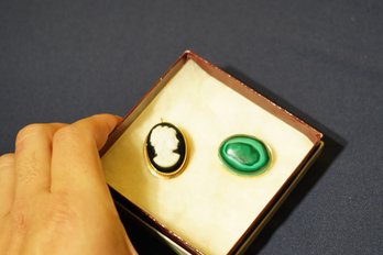 Two Vintage Gold Filled Cameo & Green Stone Marcasite Pins / Brooches