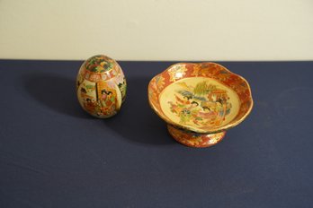 Pair Of Matching Style Asian Footed Bowl And Porcelain Hand Painted Egg