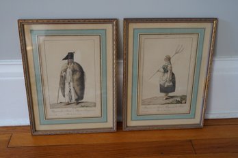 Pair Of Color Engravings Or Lithographs Depicting A 19th C. Peasant Girl & A Hungarian Farmer