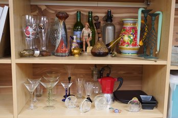 Entire 2 Shelves Of Assorted Glass Ware And Decorations