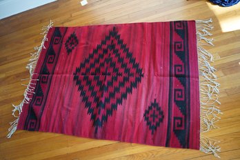 Native American Influence Area Rug In Ruby Red & Black With Fringe