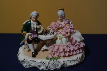 Vintage German Dresden Porcelain W/lace Details-depicts 18th C. Couple Playing Chess-maker's Mark To Underside