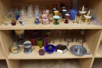 Entire 2 Shelves Of Assorted Candles And Shot Glasses