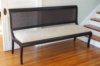 Gorgeous Wooden Bench With Caned Back And White Cushion Seat