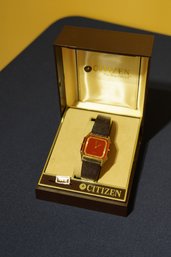 Vintage Citizen's Women's Watch With Red Face And Black Wrist Band In Original Box