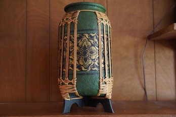 Vintage Green Hang Painted Vase With Woven Decor And Base