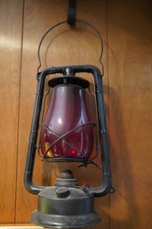 Antique Reproduction Oil Lamp With Ruby Red Glass