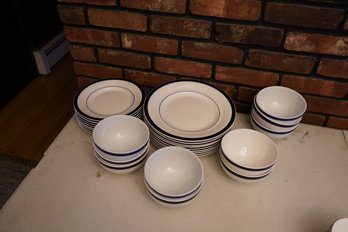 27 Pieces Of 'Trattoria Blue' Everyday Dishware - White W/blue Banding  Includes Bowls, Dinner & Salad Plates