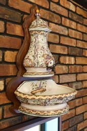 Colorful Portuguese Wall Cistern / Fountain With Lovely Hand Painted Mask Spout And Flora & Fauna Motif
